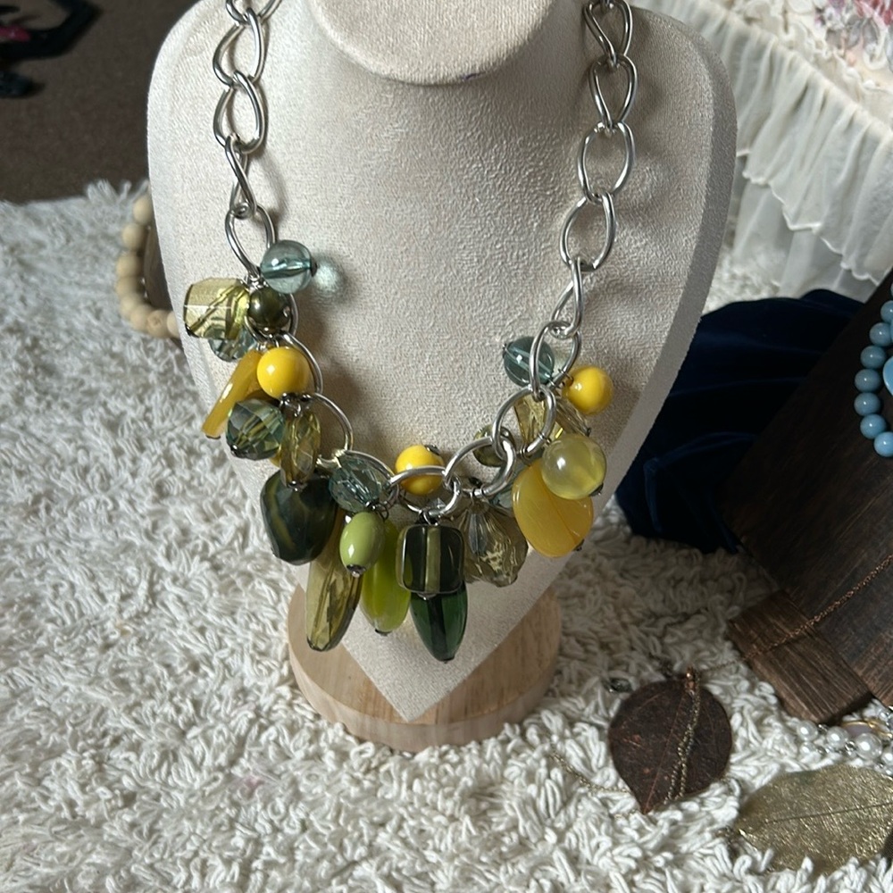Bohemian Silver and Yellow Necklace with Eclectic Charms